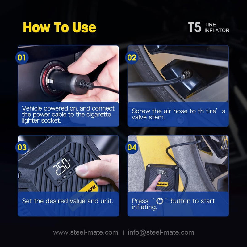 STEELMATE Portable Air Compressor Pump with Digital Pressure Gauge T5 - 12V DC