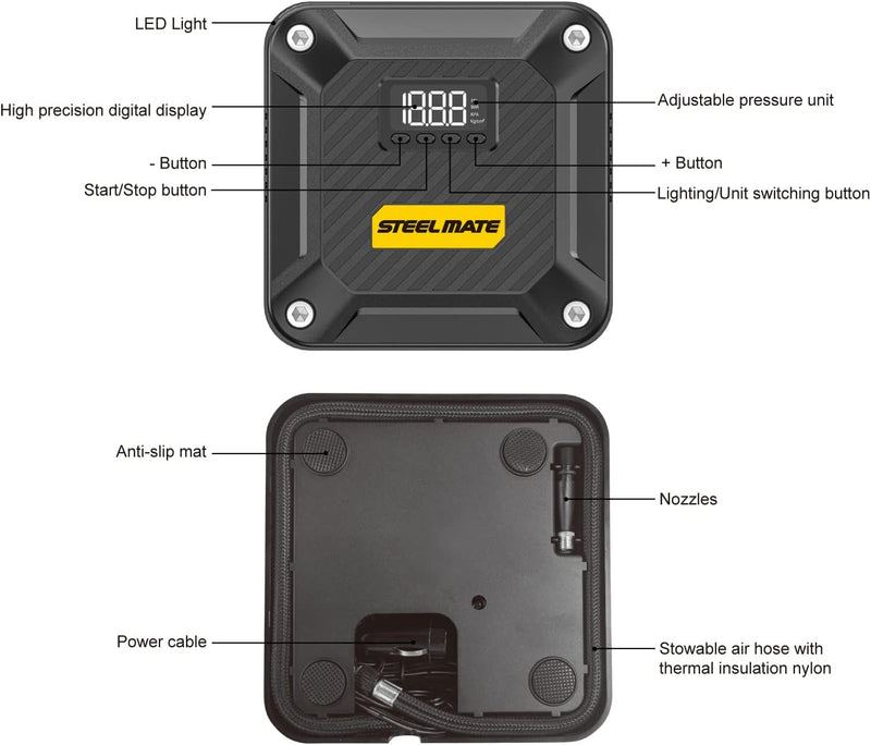 STEELMATE Portable Air Compressor Pump with Digital Pressure Gauge T5 - 12V DC