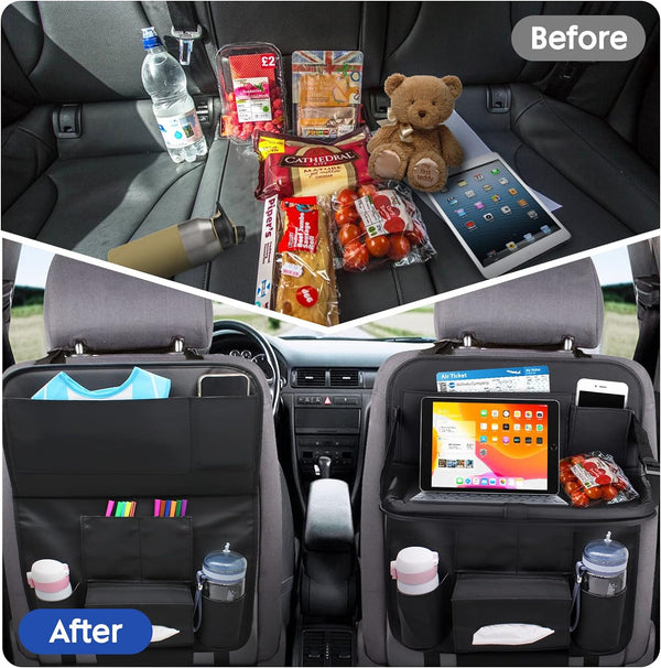 Premium Universal Foldable PU Leather Car Seat Back Organizer with Anti-Kick Storage Bags