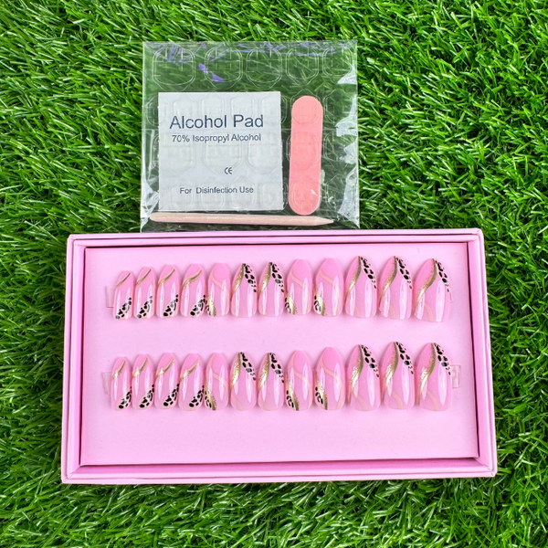 24 Pcs Pink Leopard Glam Nails