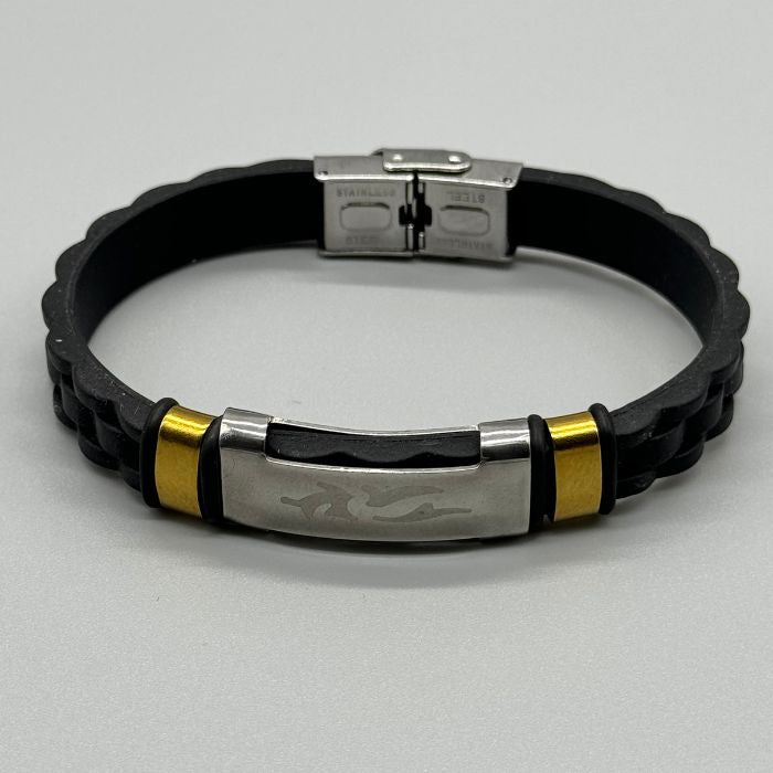 Handmade Black Rubber Silver and Gold Bracelet