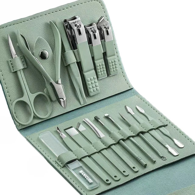 Professional Manicure Kit - 16pc Stainless Steel Set with Folding Case