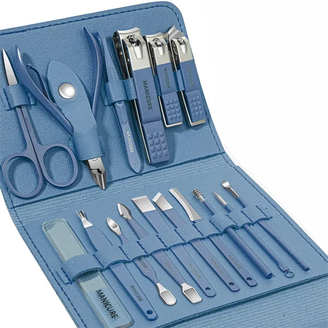 Professional Manicure Kit - 16pc Stainless Steel Set with Folding Case