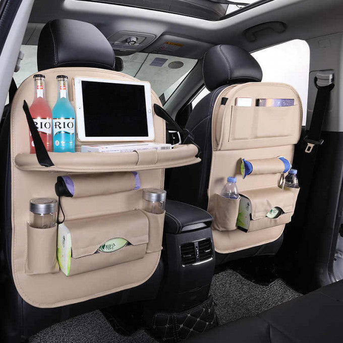 Premium Universal Foldable PU Leather Car Seat Back Organizer with Anti-Kick Storage Bags