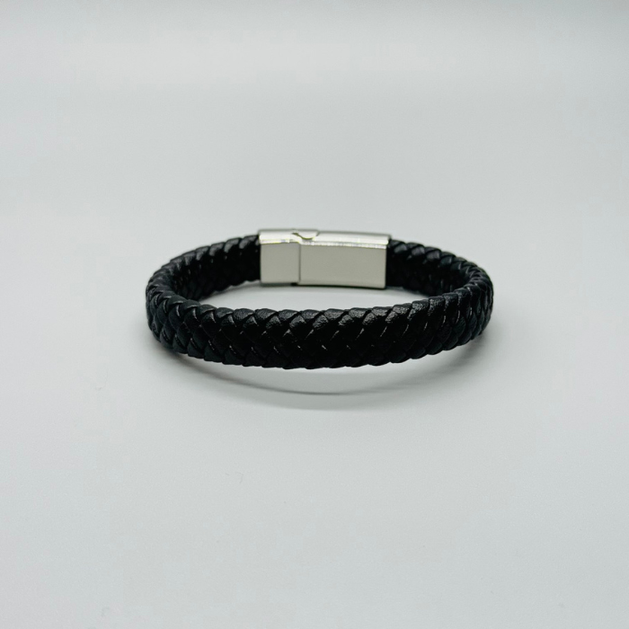 Stainless Steel Black Multi-Strand Men's Braided Leather