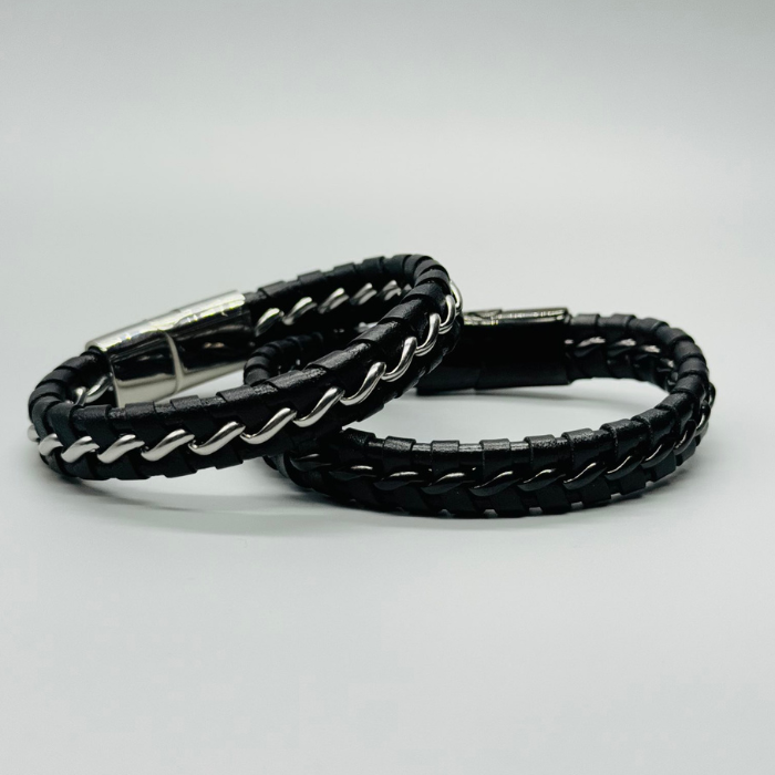 Black Leather With Silver Wire Bracelet