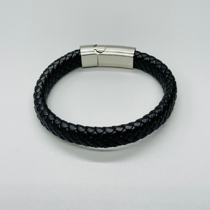 Stainless Steel Black Multi-Strand Men's Braided Leather