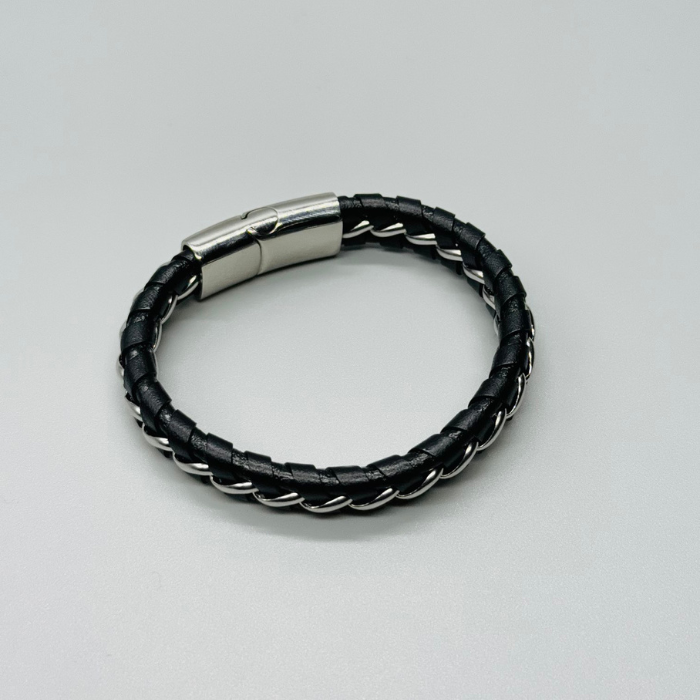 Black Leather With Silver Wire Bracelet