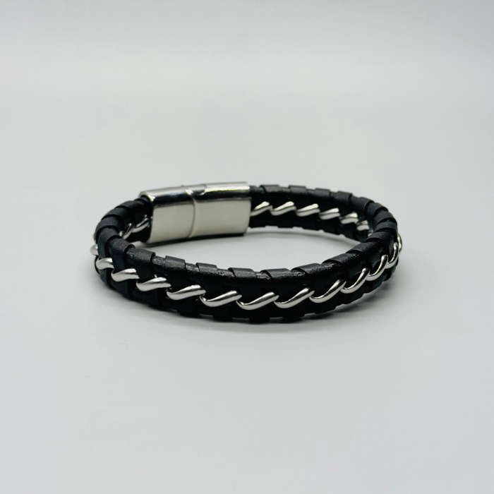 Black Leather With Silver Wire Bracelet