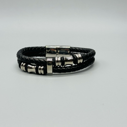 Double Wrap Mens Leather Stainless Bracelet