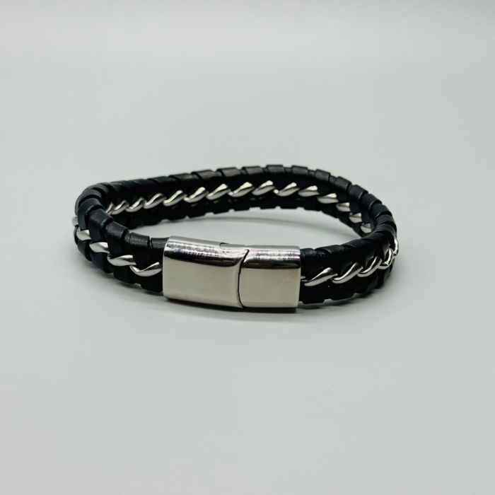 Black Leather With Silver Wire Bracelet