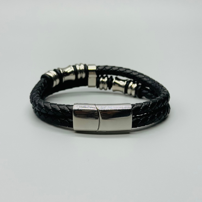 Double Wrap Mens Leather Stainless Bracelet