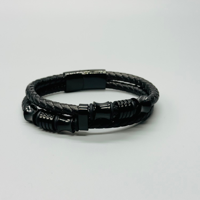 Double Wrap Mens Leather Stainless Bracelet