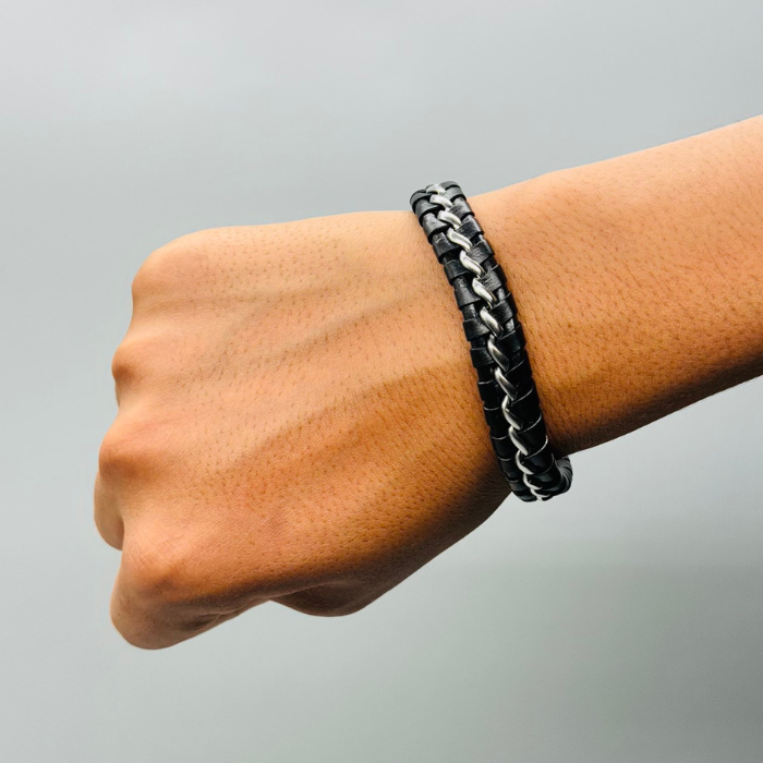 Black Leather With Silver Wire Bracelet