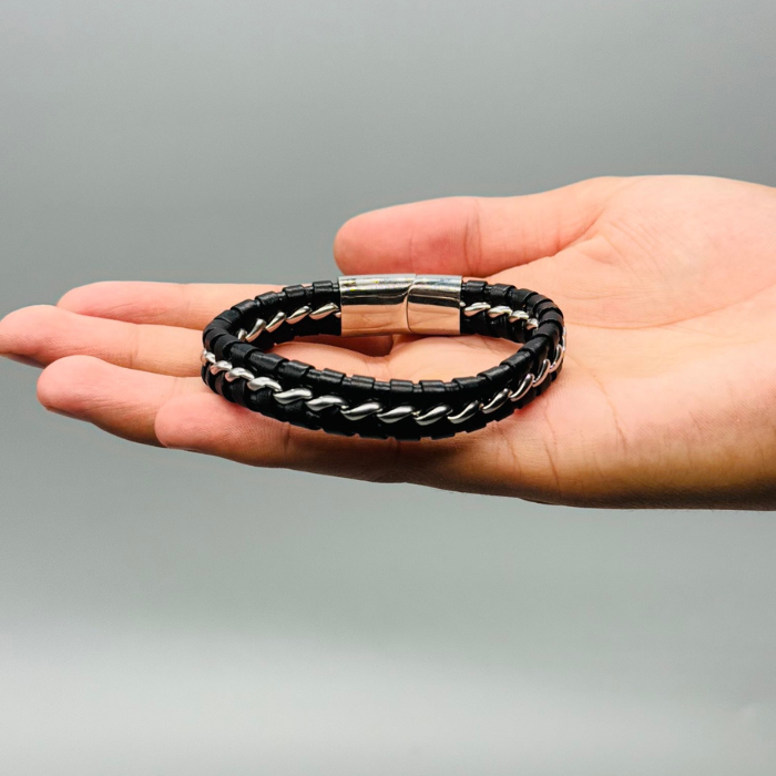 Black Leather With Silver Wire Bracelet