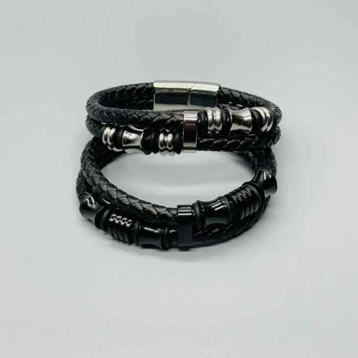 Double Wrap Mens Leather Stainless Bracelet